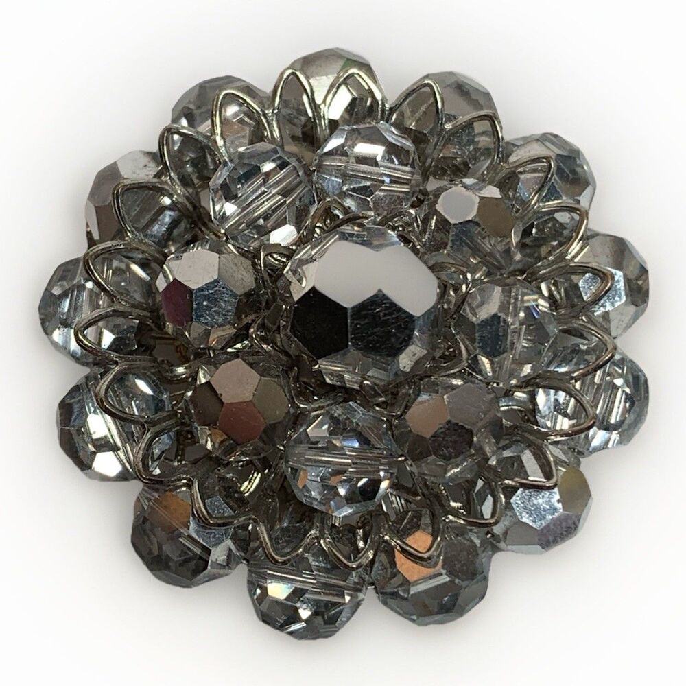 Vintage Brooch Chrome Silver Tone Clear Beads Round Domed MCM Costume Jewelry